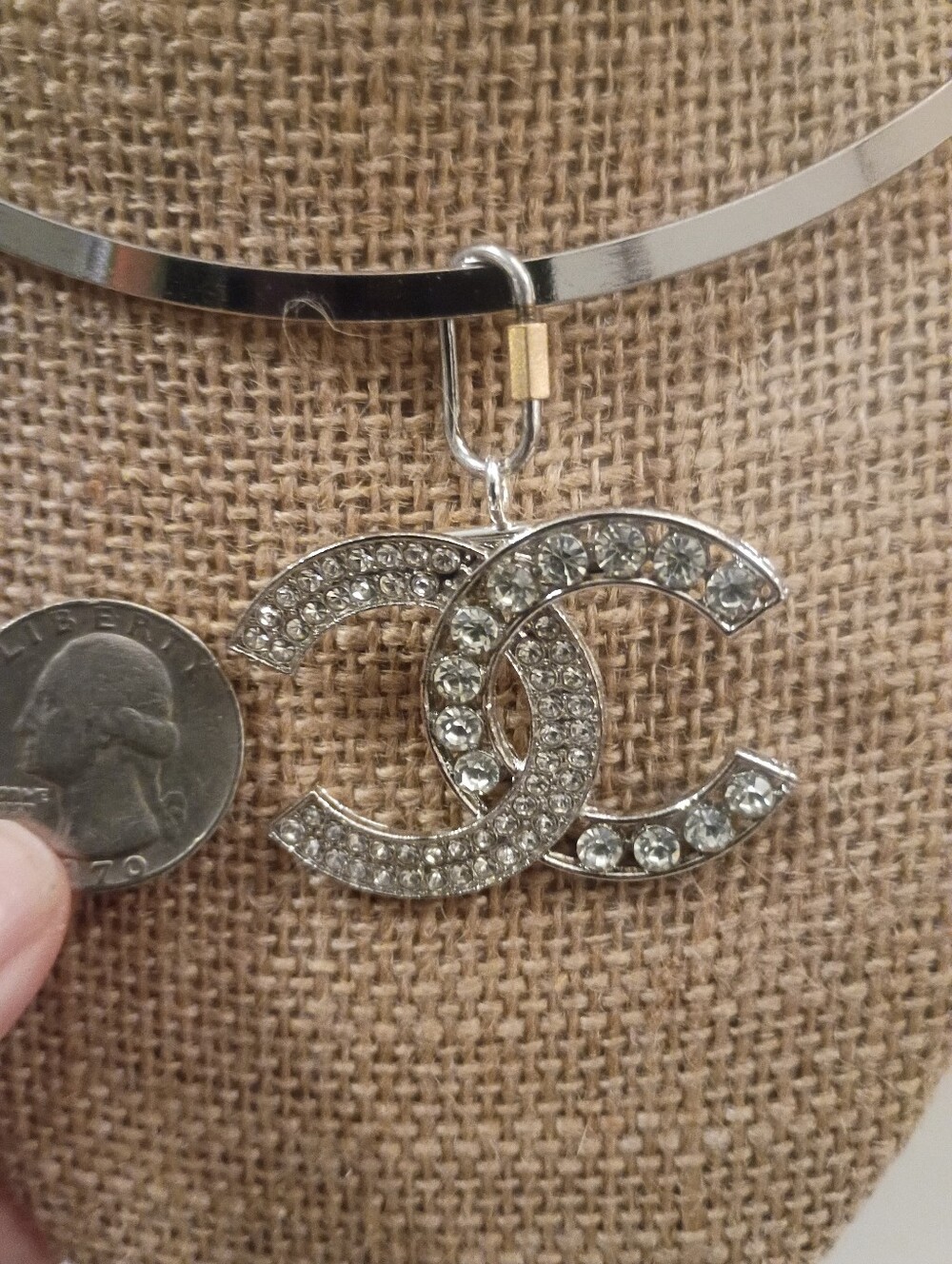Silvertone Necklace & Pendant With Rhinestones
